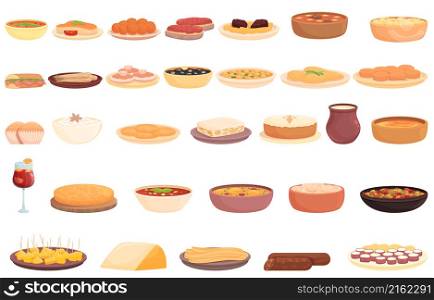 Spanish cuisine icons set cartoon vector. Food plate. Cuttlefish pasta. Spanish cuisine icons set cartoon vector. Food plate
