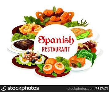 Spanish cuisine meat and fish vector food with vegetables. Seafood paella, beef kabob on skewers and grilled steak, sardine salad with olives, tuna stew, lamb pie and deviled eggs. Spanish cuisine meat, fish dishes with vegetables