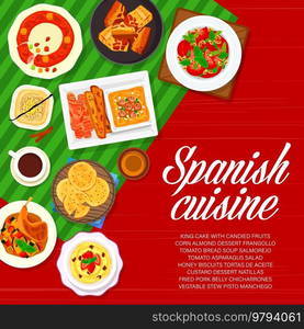 Spanish cuisine menu cover page design. Corn almond dessert Frangollo, stew Pisto Manchego and biscuit Tortas de Aceite, custard dessert Natillas, soup Salmorejo and pork belly Chicharrones, king cake. Spanish cuisine menu meals cover page design