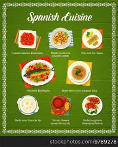 Spanish cuisine menu cover page. Roasted peppers Escalivada, mushroom omelette Tortilla and tapas, mackerel Escabeche, stuffed eggplants, chorizo sausage and garlic soups, tomato cheese spread. Spanish cuisine restaurant menu vector template