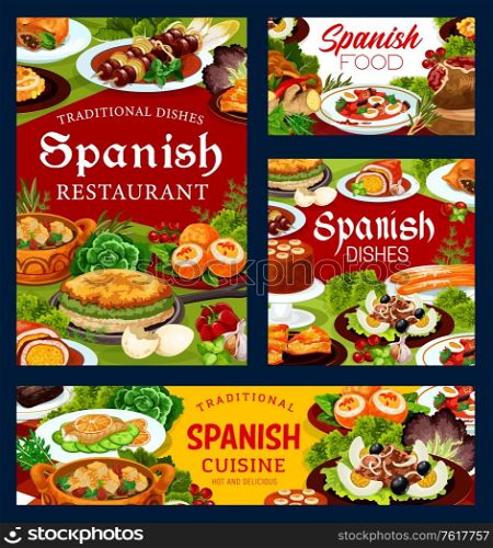 Spanish cuisine restaurant dishes, vector food. Seafood paella, Iberian ham, beef meat kebob and fish salads, churros, mousse, empanada, omelette and lamb pie, bread almond soup and deviled eggs. Spanish cuisine food, restaurant dishes