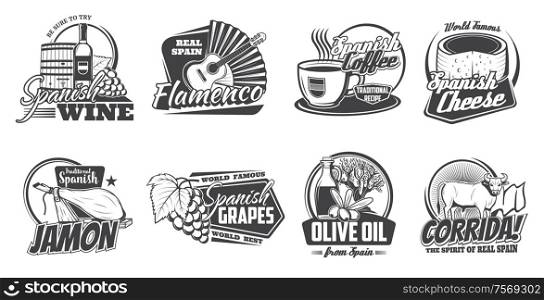 Spanish cuisine, travel vector icons. Vector spanish wine, bottle, barrel and grape, cheese and jamon snacks, coffee and olive oils. Flamenco fan and guitar, corrida bull. Monochrome icons. Spanish fFlamenco and corrida, jamon, cheese, wine