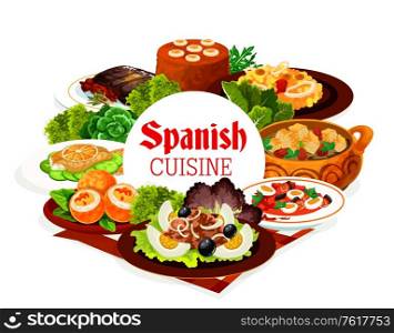 Spanish cuisine vector food of seafood paella, vegetable fish salads with olives and eggs, almond and bread soup, beef meat steak, banana mousse dessert and grilled sardine. Restaurant dinner menu. Spanish cuisine food of seafood, meat, vegetables