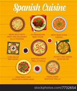 Spanish cuisine vector menu with restaurant dishes of seafood rice paella, vegetable fish salad and meat bean stew. Extremadura beef steak, potato salad, bean sausage soup and vegetable ham stew. Spanish cuisine menu with restaurant dishes