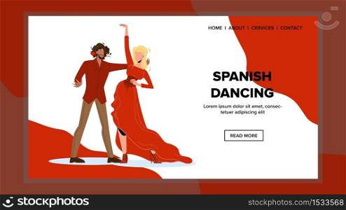 Spanish Dancing Couple Dancers Boy And Girl Vector. Man And Woman Spanish Dancing, Traditional Cultural Festival Dance. Characters Wearing Elegant Dress And Suit Flat Cartoon Illustration. Spanish Dancing Couple Dancers Boy And Girl Vector
