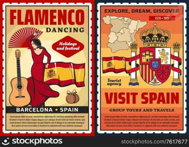 Spanish flamenco dance and museum, vector Spain travel and tourism. Spanish flamenco dancer with Barcelona guitar and castanets, flag, map and heraldic royal crown of Spain, tourist tours. Spanish flamenco, museum, Spain travel and tourism