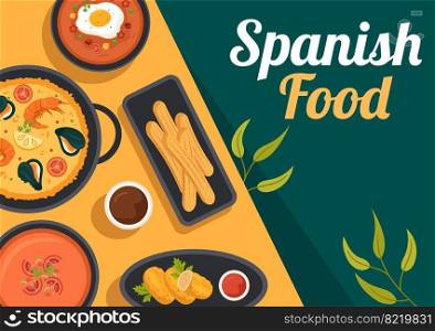 Spanish Food Cuisine Menu Restaurant with Various of Traditional Dish Recipe on Flat Cartoon Hand Drawn Templates Illustration