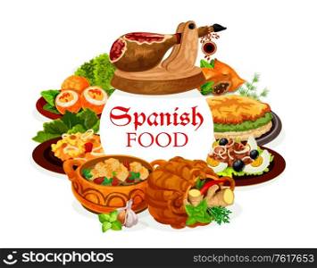 Spanish food, vector dishes of seafood risotto, fish salad San Isidro with eggs and olives, Iberian ham, bread almond soup and omelette, lamb pies and deviled eggs. Spanish cuisine restaurant design. Spanish food dishes of seafood, fish and meat