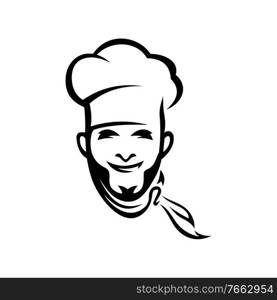 Spanish, Italian chef contour vector illustration. Smiling professional cook with hat outline isolated design element. Traditional cuisine emblem on white background. Restaurant logo idea. Spanish, Italian chef contour vector illustration