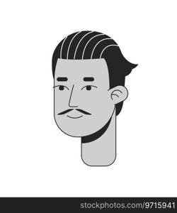 Spanish man with pencil moustache black and white 2D line cartoon character head. Inspired retro slicked hair male mexican isolated vector outline person face. Monochromatic flat spot illustration. Spanish man with pencil moustache black and white 2D line cartoon character head