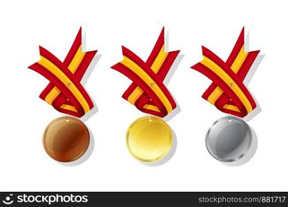 Spanish medals in gold, silver and bronze with national flag. Isolated vector objects over white background