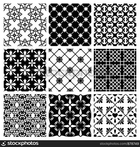 Spanish or portugal traditional kitchen tiles. Vector interior moroccan design black ceramic set. Interior moroccan design black ceramic set