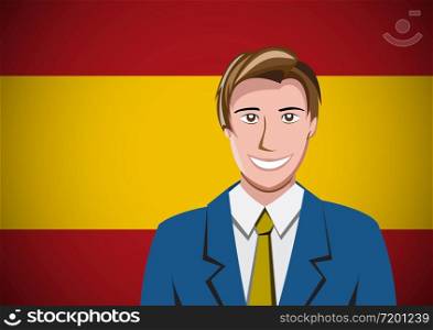 Spanish people, ahead of the flag. Portrait of manager in flat design. Vector cartoon