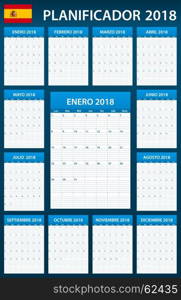 Spanish Planner blank for 2018. Scheduler, agenda or diary template. Week starts on Monday