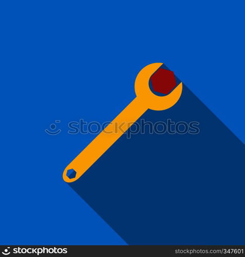 Spanner tool with screw nut icon in flat style on a blue background. Spanner tool with screw nut icon, flat style