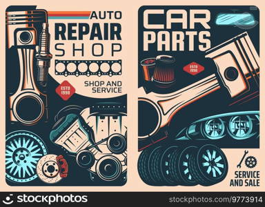 Spare parts and car service retro posters. Car maintenance shop flyer or poster, auto spare parts store, repair workshop vector banner with engine piston, tire and disc brake, spark plug, headlight. Spare parts shop and car service retro posters