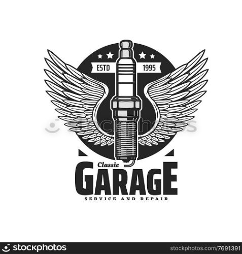 Spark plug symbol with wings, monochrome vector emblem for classic garage service and repair station. Winged automobile candle, gasoline internal combustion engine part isolated on white background. Spark plug symbol with wings, vector emblem