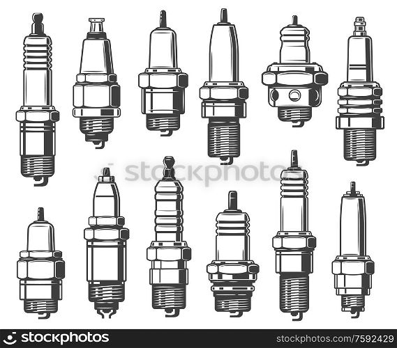 Spark plugs types, car ignition system and spark-ignition engine spare part. Vector isolated vehicles parts, auto service, mechanic garage and automotive maintenance symbols. Auto service, car mechanic garage rusty plates