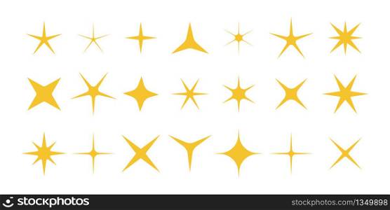 Sparkle of stars. Shiny, twinkle and bright stars. Symbols with magic glitter isolated on white background. Yellow decorative gold icons for holiday and christmas. Starburst glowing. Vector.. Sparkle of stars. Shiny, twinkle and bright stars. Symbols with magic glitter isolated on white background. Yellow decorative gold icons for holiday and christmas. Starburst glowing. Vector