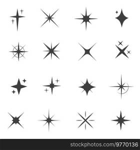 Sparkle, starburst and twinkle stars. Vector icons of stars with bright shine, glitter, glow, flash or flare light effects. Shiny magic twinkles, sparks and glowing light rays of bright stars. Sparkle, starburst and twinkle star vector icons