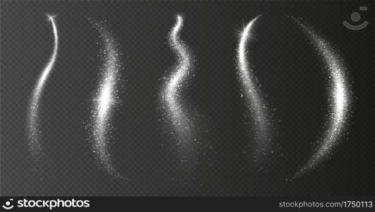 Sparkle stardust. Silver magic trail. Vector shining waves isolated on transparent background. Illustration magic sparkle trail, christmas effect glow. Sparkle stardust. Silver magic trail. Vector shining waves isolated on transparent background