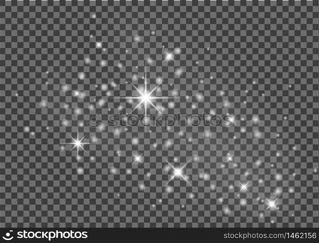 Sparkle stars with magical glitter particles on transparent background. Magic christmas decoration. Twinkle star glow effect. Shine lights. White sparkle stardust for holiday. vector eps10. Sparkle stars with magical glitter particles on transparent background. Magic christmas decoration. Twinkle star glow effect. Shine lights. White sparkle stardust for holiday. vector