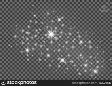 Sparkle stars with magical glitter particles on transparent background. Magic christmas decoration. Twinkle star glow effect. Shine lights. White sparkle stardust for holiday. vector eps10. Sparkle stars with magical glitter particles on transparent background. Magic christmas decoration. Twinkle star glow effect. Shine lights. White sparkle stardust for holiday. vector
