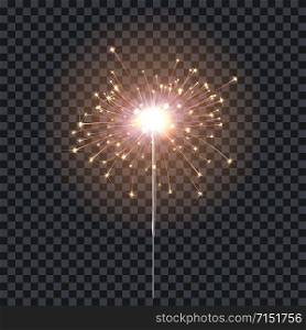 Sparkler or bengal fire lighting element festive decoration. Magic firework for holiday and birthday. Isolated on transparent background. Vector stock illustration.. Sparkler or bengal fire lighting element festive decoration. Magic firework for holiday and birthday. Isolated on transparent background. Vector stock illustration