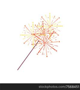 Sparkler or bengal light isolated icon. Vector burning pyrotechnic item in flat style, realistic holiday celebration fireworks, sparkling and flowing fire. Sparkler or Bengal Light Isolated Icon. Vector