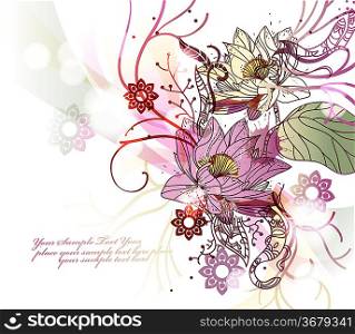 sparkling background with colorful waterlilies and hand drawn ornaments