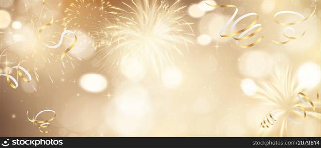 sparkling golden fireworks Blurred light against golden abstract background. Vector illustration. Greeting card, Christmas, new year, celebration.