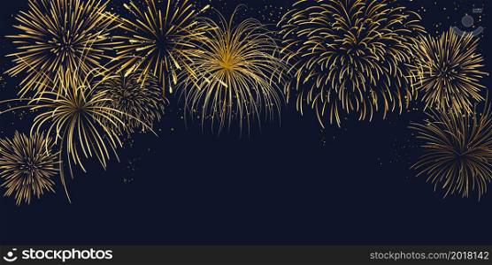 sparkling golden fireworks with realistic look on black abstract background festive lights vector illustration for christmas or new year greeting card