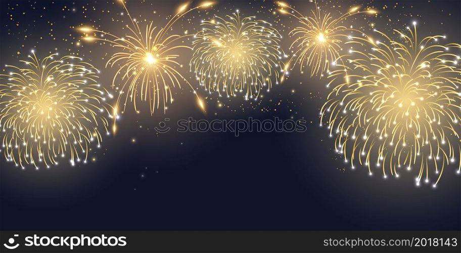 sparkling golden fireworks with realistic look on black abstract background festive lights vector illustration for christmas or new year greeting card