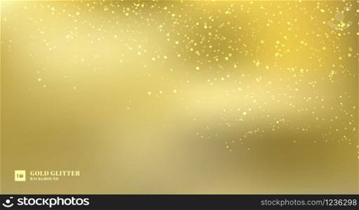 Sparkling golden glitter lights on gold blurred background. Magic sparkle particles luxury wallpaper. Vector illustration