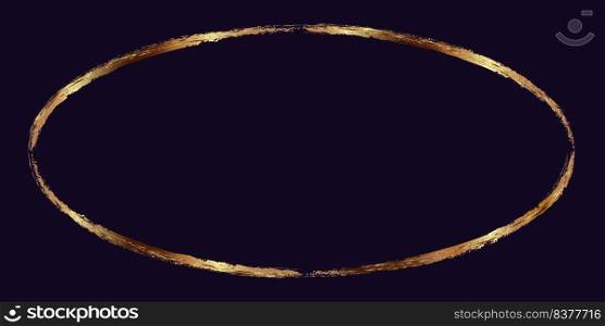 Sparkling oval gold frame with a metallic sheen effect on a dark purple background. Vector design element for decorating borders.. Sparkling oval gold frame