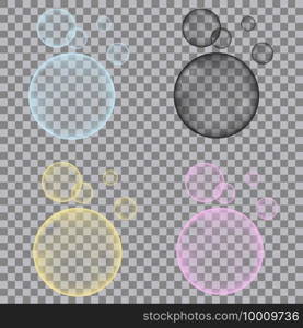 Sparkling oxygen bubbles in fizzing water. Fizzy blue, yellow, pink,  black sparkles on transparent background. Vector texture for aquarium, soda drink, ch&agne backdrop.