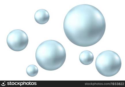 Sparkling oxygen or water bubbles. Blue molecule isolated on white background. Realistic 3d sphere. Vector texture for shampoo, skin cosmetics or science backdrop.