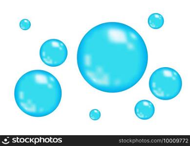  Sparkling oxygen or water bubbles. Brilliant blue molecule isolated  on white  background. Realistic 3d sphere. Vector texture for sh&oo, skin cosmetics or science backdrop.