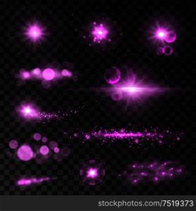 Sparkling purple light flashes. Glittering sparkles and lights with lens flare effect on transparent background. Sparkling light flashes. Lens flare sparkles