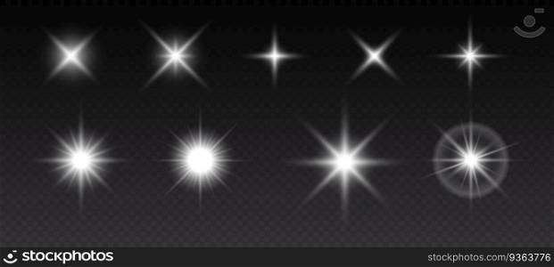 Sparkling stars, flickering and flashing lights. Collection of different light effects on black background. Realistic vector illustration. Sparkling stars, flickering and flashing lights. Collection of different light effects