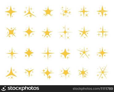 Sparkling stars. Shiny sparks, glitter light star and sparkle elements. Gold christmas card glow stars, yellow starburst shining sparkles. Isolated vector signs set. Sparkling stars. Shiny sparks, glitter light star and sparkle elements vector set