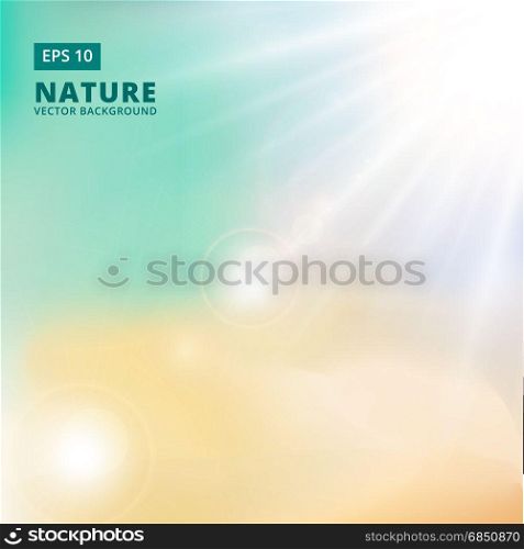 Sparkling sunlight and flares of light from the sides on a green background of nature. vector background copy space