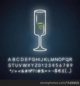 Sparkling wine glass neon light icons set. Fort wineglass. Champagne. Alcohol beverage with bubbles. Party cocktail. Aperitif drink, bar. Glowing signs. Vector isolated illustrations