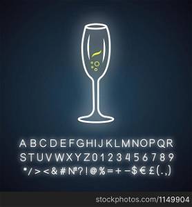 Sparkling wine neon light icon. Tulip wineglass. Champagne. Alcohol beverage. Party cocktail. Sweet aperitif drink. Glowing sign with alphabet, numbers and symbols. Vector isolated illustration
