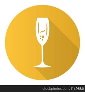 Sparkling wine yellow flat design long shadow glyph icon. Tulip wineglass. Champagne. Alcohol beverage. Party cocktail. Sweet aperitif drink. Bar, restaurant. Vector silhouette illustration