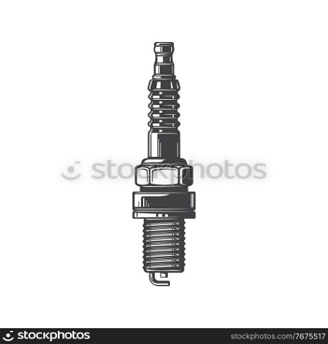 Sparkplug car-ignition system engine spare part, delivering electric current in vehicle isolated monochrome icon. Vector plug of internal combustion system, sparking object with single side electrode. Plug, one side electrode isolated car spare part
