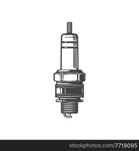 Sparkplug hand drawn vehicle spare part isolated monochrome icon. Vector sparking plug in thick cylinder head, automobile or motorcycle spare part. Auto gear, engine maintenance and service detail. Spark plug with threading electrode tip protrusion