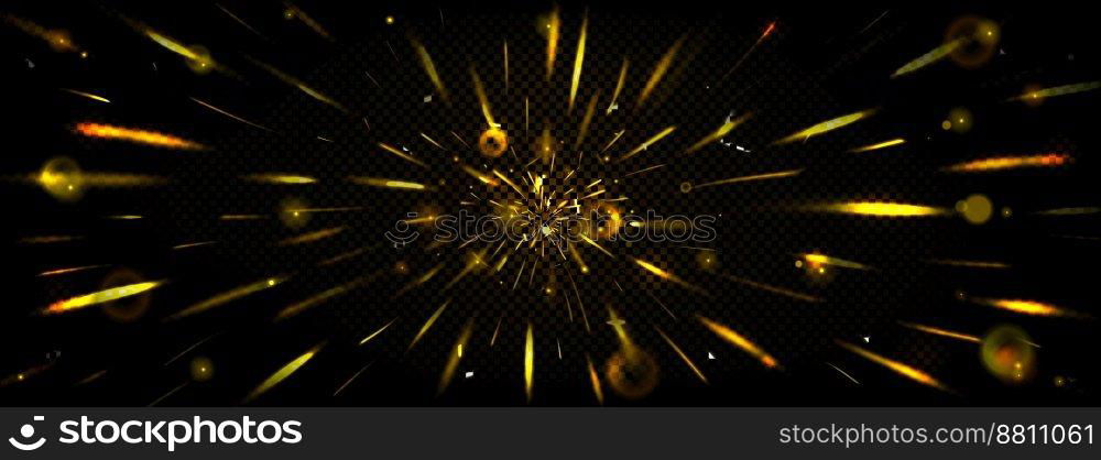 Sparks in motion with blur and bokeh, speed light effect. Flare with golden lines perspective view. Overlay zoom, fire pace, flame, burst abstract high-speed movement, Realistic 3d vector dynamic trails. Sparks in motion with blur, speed light effect