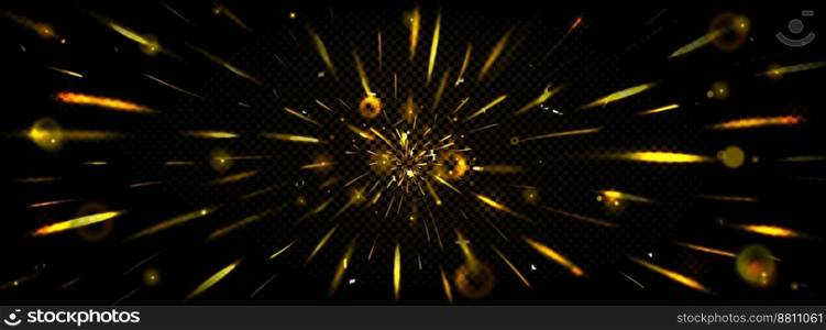 Sparks in motion with blur and bokeh, speed light effect. Flare with golden lines perspective view. Overlay zoom, fire pace, flame, burst abstract high-speed movement, Realistic 3d vector dynamic trails. Sparks in motion with blur, speed light effect