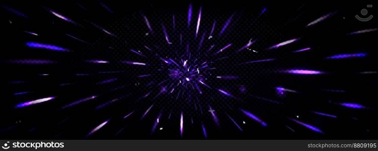 Sparks in motion with blur, speed light effect. Flare with purple lines perspective view. Overlay zoom, fire pace, flame, burst abstract high-speed movement, Realistic 3d vector dynamic trails. Sparks in motion with blur, speed light effect